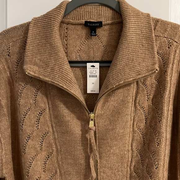 NWT Talbots Cable Knit Zip Collar Sweater - Size Medium - Camel Heather Color - Picture 2 of 8